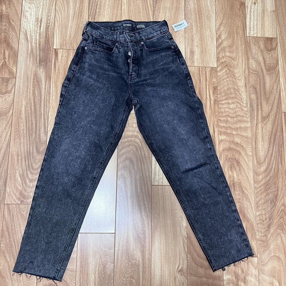 Old Navy Black Retro Extra High Rise Jeans Size 2 Button Fly Y2K Raw Hem Denim